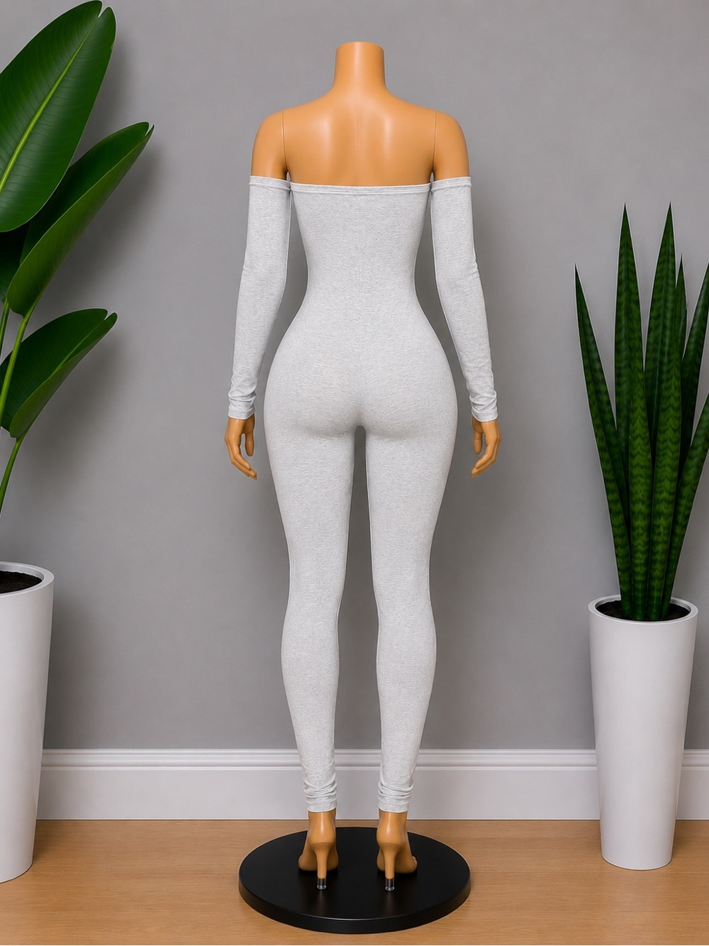 Off-Shoulder Ribbed Jumpsuit in Light Gray - Picture 2 of 2